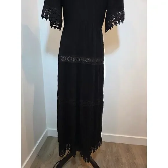 FOREVER 21 Black Floral Embroidered Long Duster SHORT SLEEVE LACE TRIM Size L - Picture 9 of 12